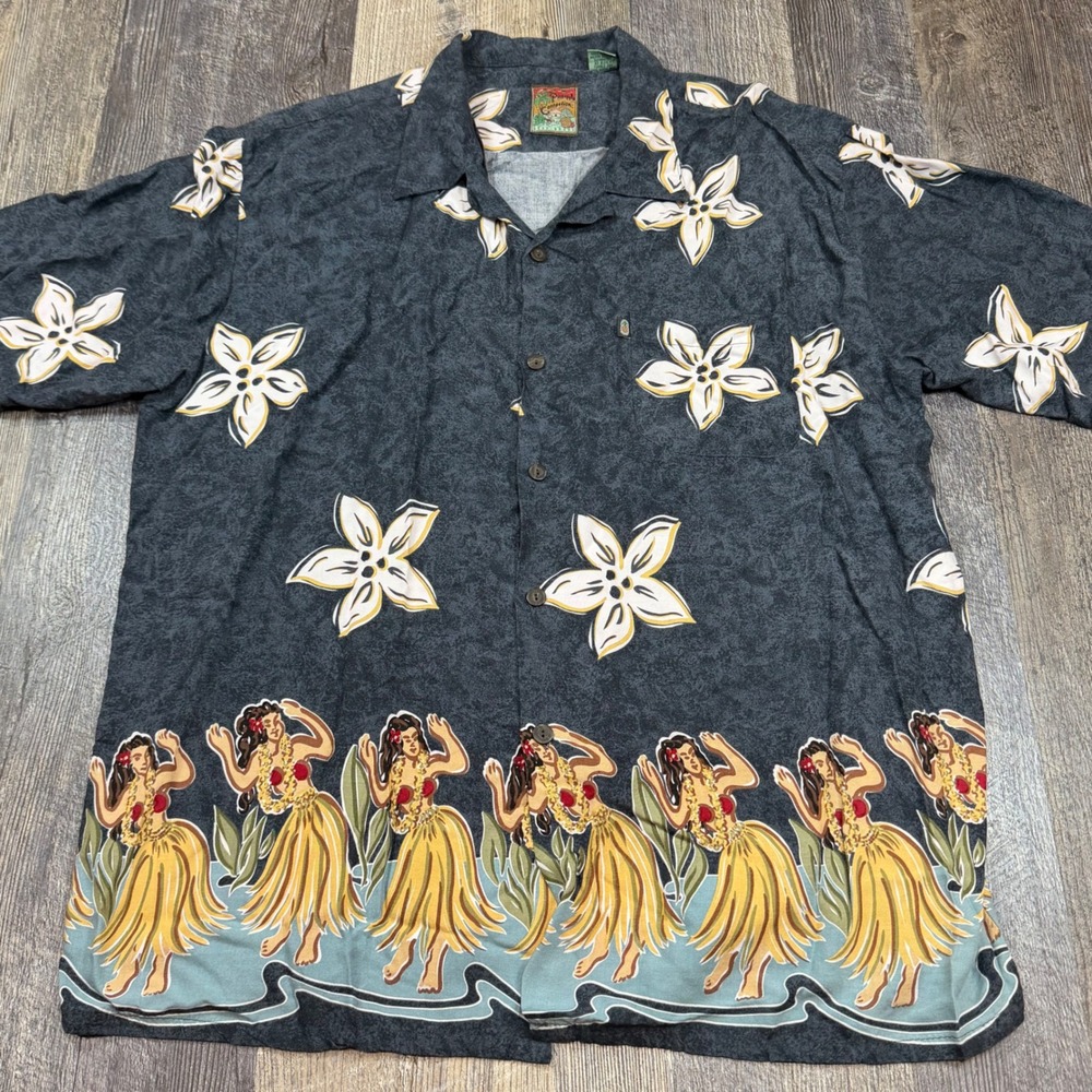 Pineapple Connection Shirt Mens XL Charcoal Grey Hula Girl Floral Rayon Hawaiian